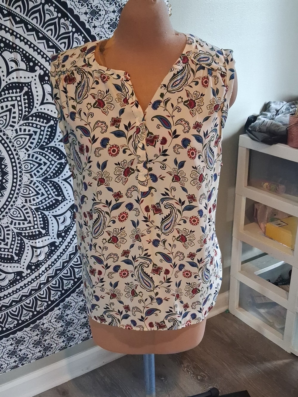 LOFT Ivory Paisley Floral Sleeveless Blouse with Blue & Burgundy Accents